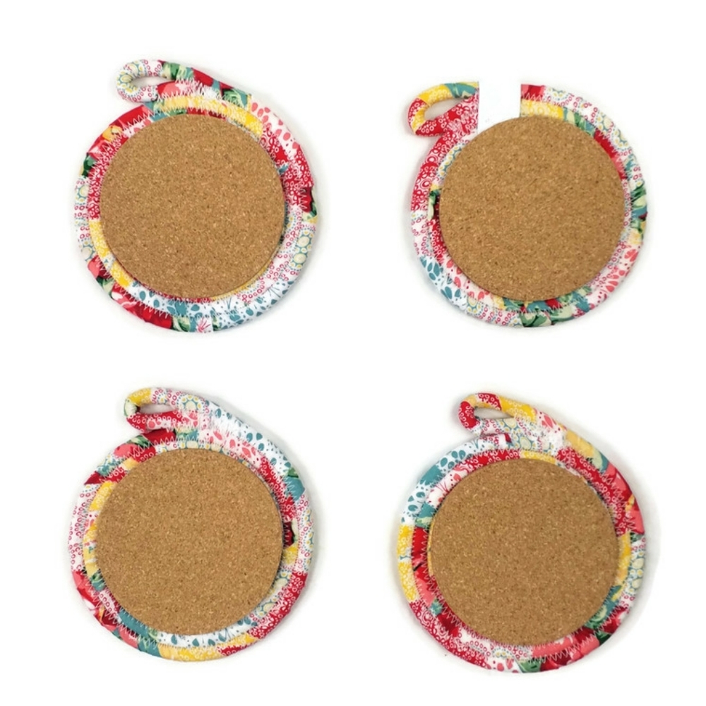 Hand Crafted Multicolor Patchwork Fabric Wrapped Rope Coaster Set 4 Pieces - Picture 3 of 9
